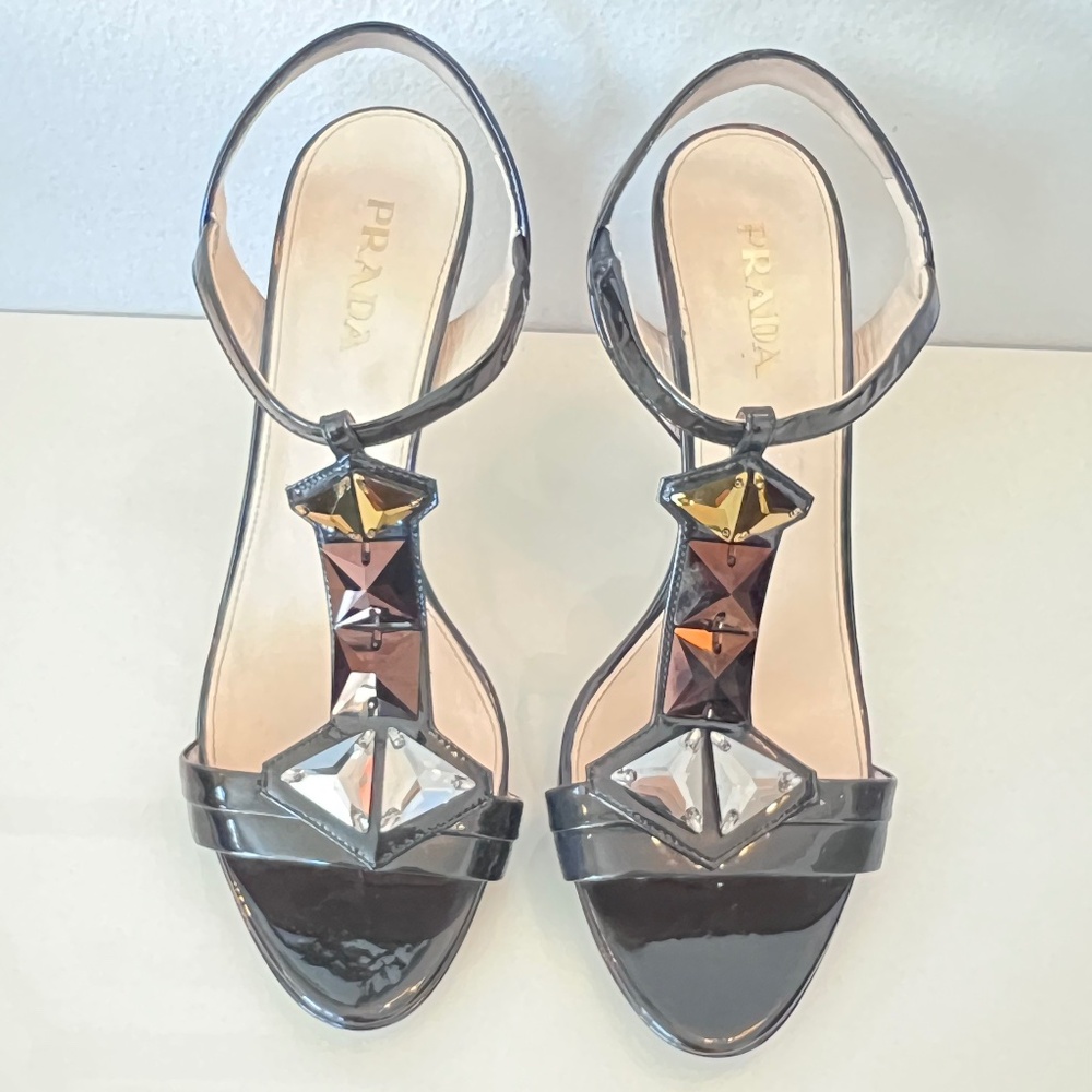Prada Black patent heeled t-strap sandal with crystal stud detail